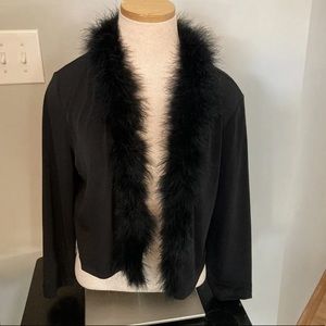 Calvin Klein Cropped Long Sleeve Open Front Cardigan Feather Trim Medium